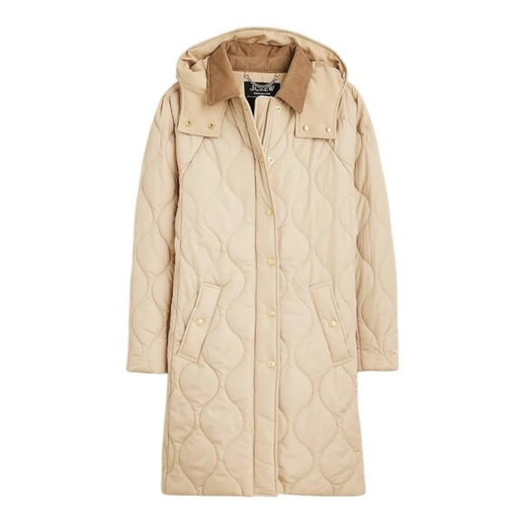 J. Crew Khaki Long Signature Puffer Barn Corduroy Collar Lightweight Warm NEW - Picture 3 of 16